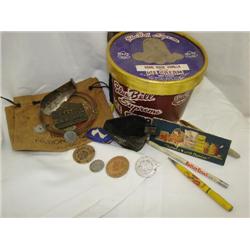 Advertising items, wooden nickels, tokens, variety!
