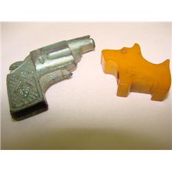 2 pencil sharpeners (metal gun & bakelite scottie)