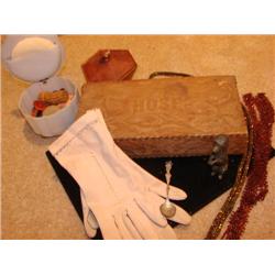 Vintage items,wood hose box,gloves,buttons,boxes