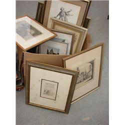 Lg. box filled with etchings, paintings & prints