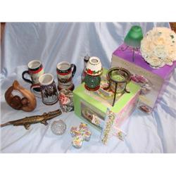 Misc. items-floral,brass crocodile,candle sets. Etc.