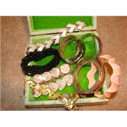 11 bracelets in green wood jewelry box