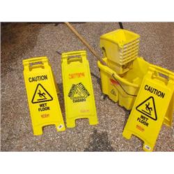 Commercial Mop Bucket, Mop & 3 Caution Signs