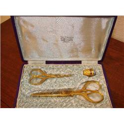 Sewing scissors & thimble in presentation case