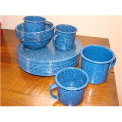 Blue & White Enamel Cups, Plates & Bowls