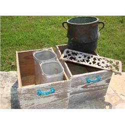 2 drawers w/blue glass pulls,copper pot,tin bucket