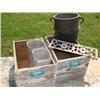 Image 1 : 2 drawers w/blue glass pulls,copper pot,tin bucket