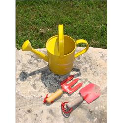 Yellow metal watering can w/spout,child's yard tools
