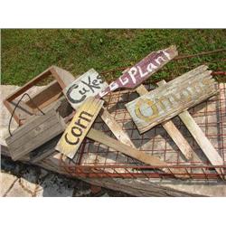 Wire basket w/plant signs, bird feeder & planter