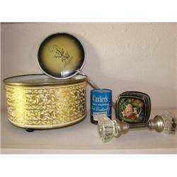 Adv.tin,glass door knob,mirror, wood box-5 items