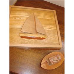 Wood Carved Ship & Boat-signed C.W. Hoops