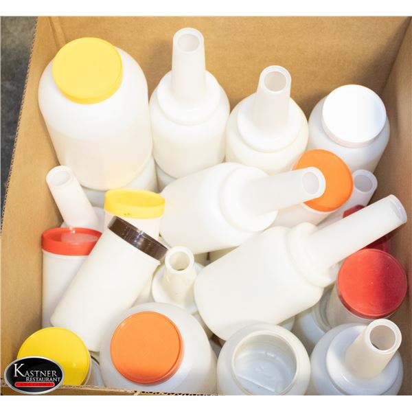 BOX OF STORAGE CONTAINERS, SOME WITH SPOUTS