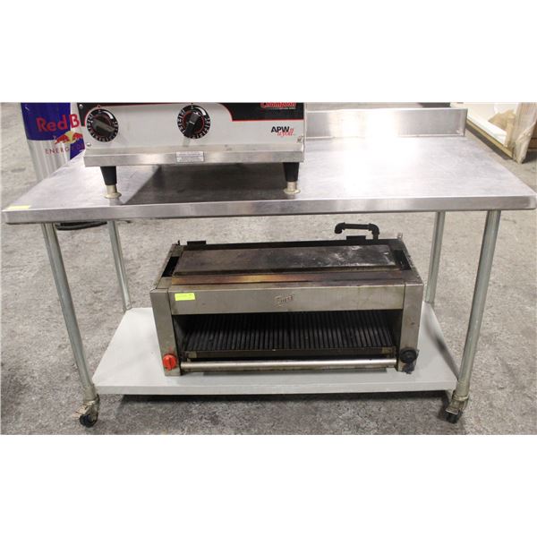 60" S/S WORK TABLE ON CASTORS W/ 4" BACK SPLASH &