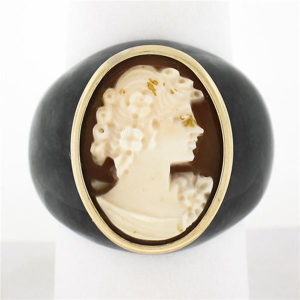 Vintage Carved Black Stone Wide Band Ring w/ 10k Gold Bezel Set Shell Cameo