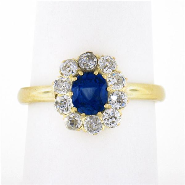 Vintage 14k Yellow Gold GIA NO HEAT Cushion Sapphire w/ Diamond Flower Halo Ring