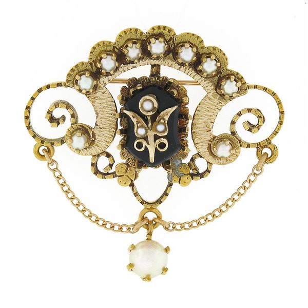 Victorian Revival 14K Gold Black Onyx Seed Cultured Pearl Dangle Brooch Pendant