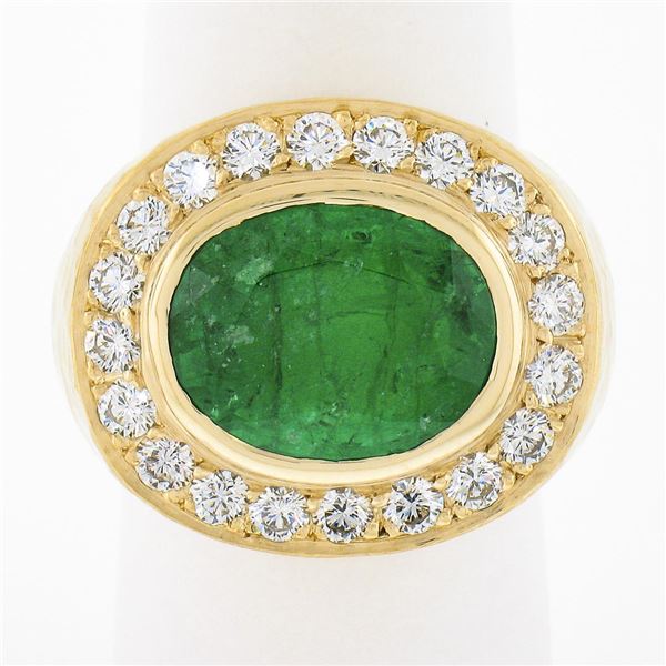 NEW 18k Gold 7.70 ctw GIA Oval Bezel Emerald & Diamond Hammered Wide Cocktail Ri