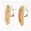Image 3 : Large 14K Gold Oval Cabochon Coral w/ Diamond Textured Freeform Frame Earrings