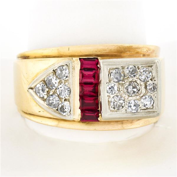 Men's Retro Vintage 14K Gold 0.40 ctw Diamond & Synthetic Ruby Buckle Band Ring