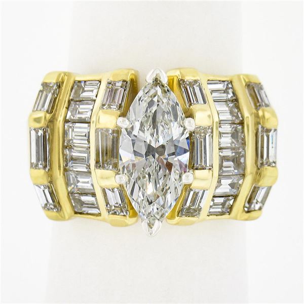 18k Gold 3.97 ctw GIA Marquise Diamond w/ Baguette Sides Wide Engagement Ring