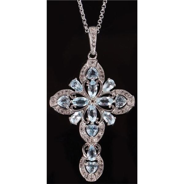 LOVELY AQUAMARINE CROSS STERLING SILVER NECKLACE