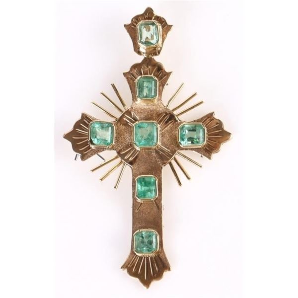 18K YELLOW GOLD EMERALD CROSS PENDANT