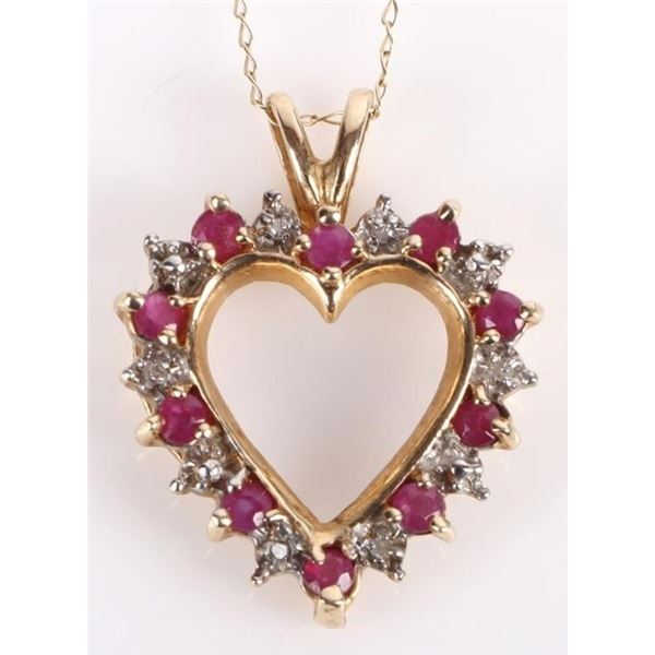 10K YELLOW GOLD RUBY DIAMOND HEART NECKLACE