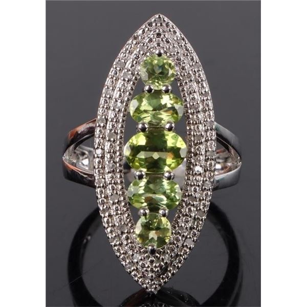 GREEN PERIDOT & DIAMOND STERLING SILVER RING