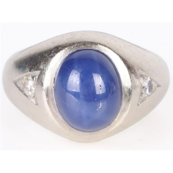 14K WHITE GOLD BLUE STAR SAPPHIRE DIAMOND RING