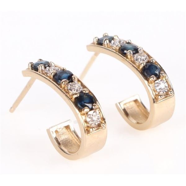 14K YELLOW GOLD DIAMOND SAPPHIRE LADIES EARRINGS