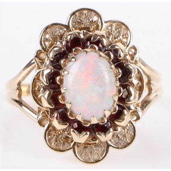 10K YELLOW GOLD LADIES RING W/ 1CT OPAL AND GARNET