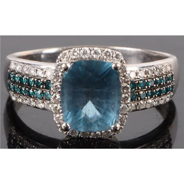 14K WHITE GOLD BLUE DIAMOND TOPAZ LADIES RING