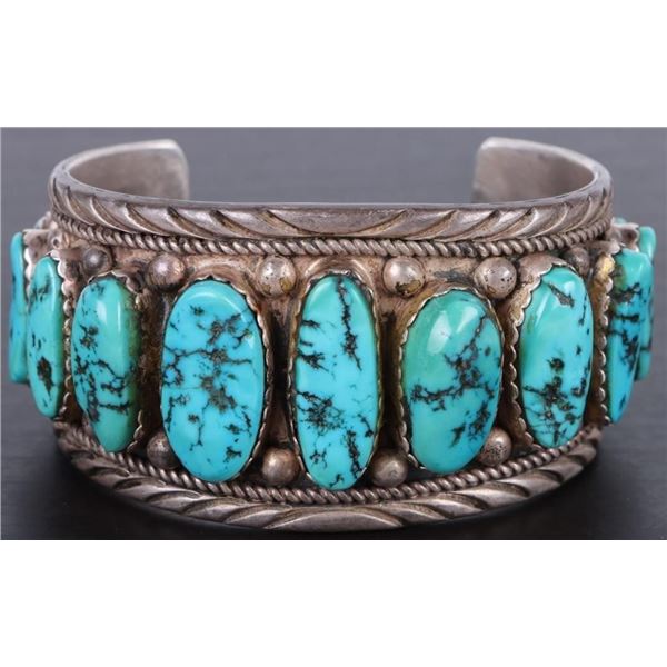 LARGE TURQUOISE STERLING NAVAJO CUFF BRACELET