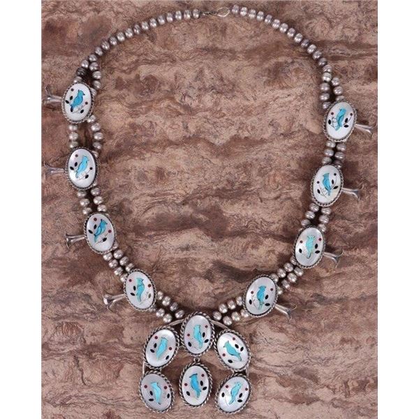STERLING MOP & TURQUOISE SQUASH BLOSSOM NECKLACE