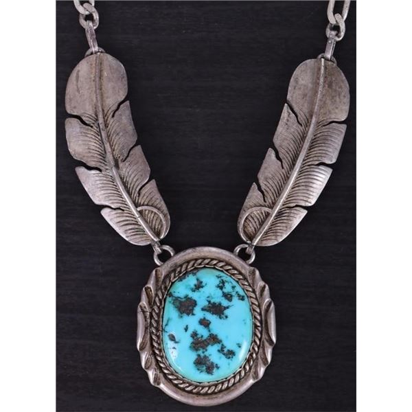 TURUOISE FEATHER SIGNED STERLING NECKLACE