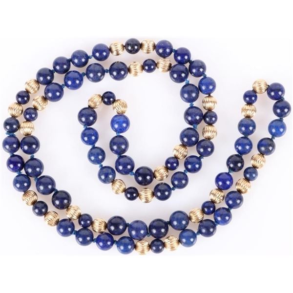 14K YELLOW GOLD & LAPIS LAZULI BEADED NECKLACE