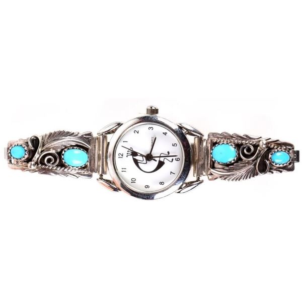 SLEEPING BEAUTY TURQUOISE SILVER KOKOPELLI WATCH