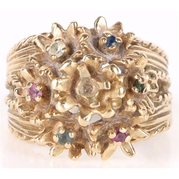 14K YELLOW GOLD FLOWER ASSORTED GEM LADIES RING