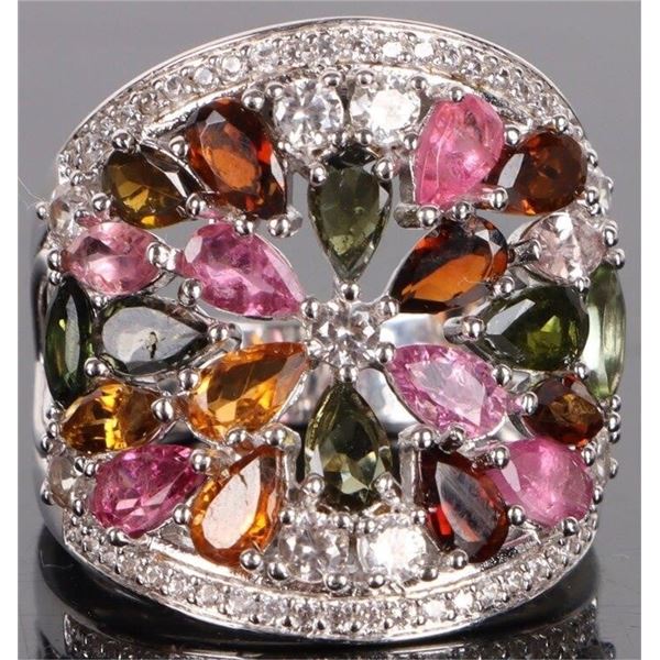 STERLING SILVER MULTI-GEMSTONE FLORAL RING