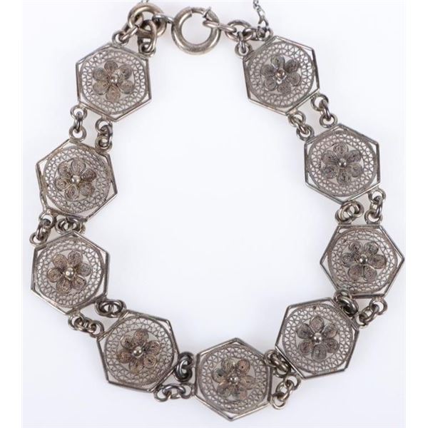 VINTAGE STERLING FILIGREE FLOWER LINK BRACELET