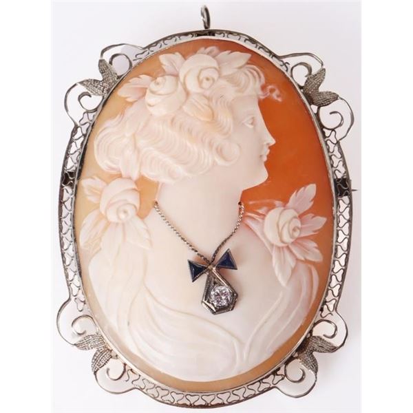 14K WHITE GOLD CAMEO DIAMOND ONYX PIN & PENDANT