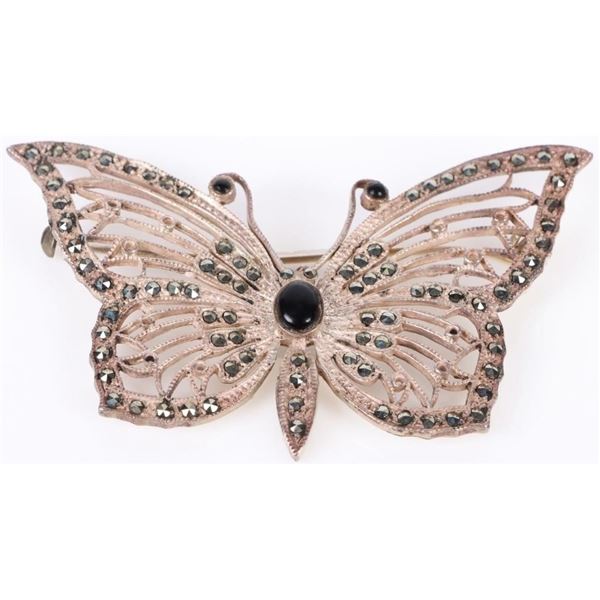 STERLING SILVER ONYX MARCASITE BUTTERFLY BROOCH