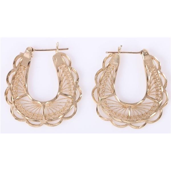 14K YELLOW GOLD FILIGREE LADIES HOOP EARRINGS