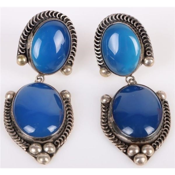 STERLING SILVER BLUE CHALCEDONY CABOCHON EARRINGS