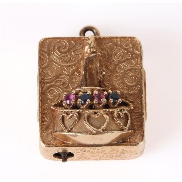 14K YELLOW GOLD RUBY & SAPPHIRE MUSIC BOX PENDANT