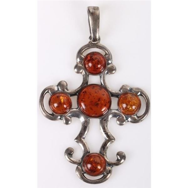 VINTAGE STERLING SILVER  AMBER CROSS PENDANT