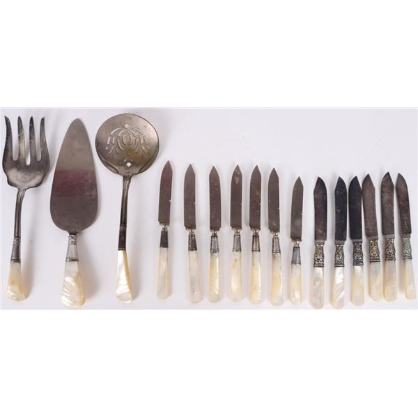 ANTIQUE STERLING SILVER MOP HANDLE FLATWARE SET