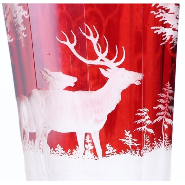 22" TALL BOHEMIAN RUBY RED ETCHED TRUMPET VASE