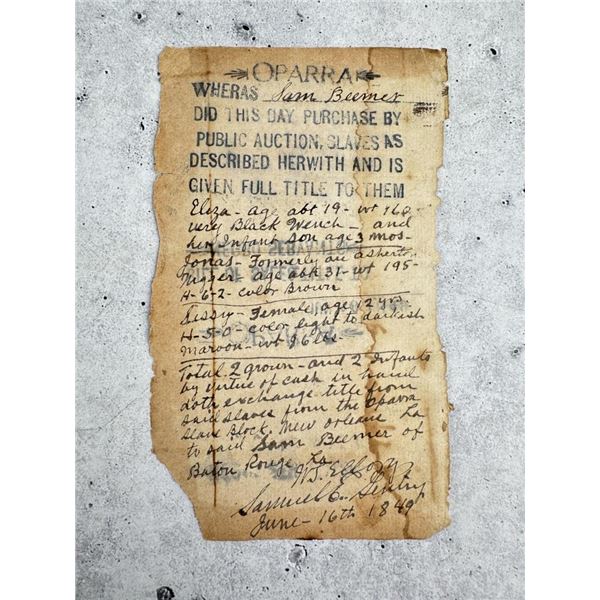 1849 Oparra Slave Auction Louisiana Receipt