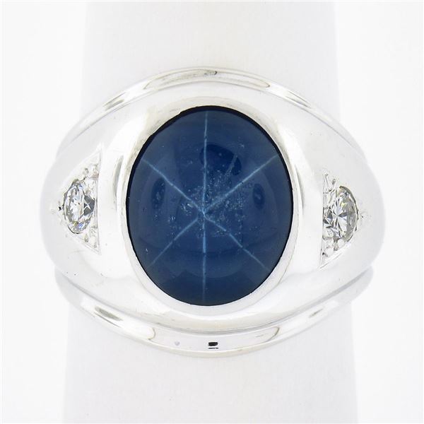 Mens 14k White Gold Simulated Lindy Blue Star Sapphire & Diamond Pinky Dome Ring
